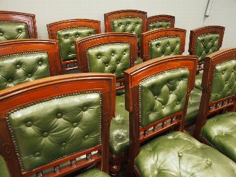Antique Set of 12 Mahogany and Green Leather Dining Chairs