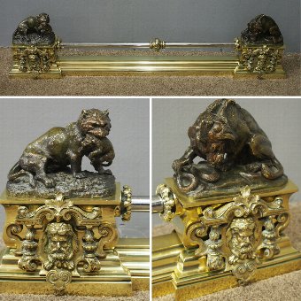 Brass and Steel Fender with Bronze Lion Mounts