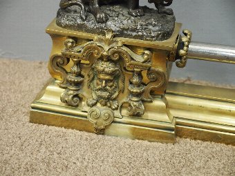 Antique Brass and Steel Fender with Bronze Lion Mounts