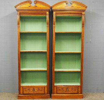 Pair of Neoclassical Style Satinwood Open Bookcases