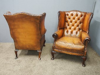 Antique  Pair of Georgian Style, Tan Leather Wing Chairs
