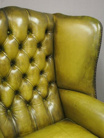 Antique Pair of Georgian Style Green Leather Wing Chairs