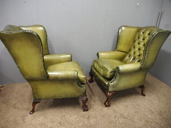 Antique Pair of Georgian Style Green Leather Wing Chairs