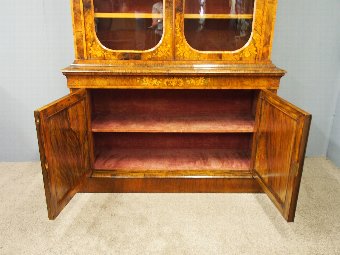 Antique Marquetry Inlaid Burr Walnut Cabinet Bookcase