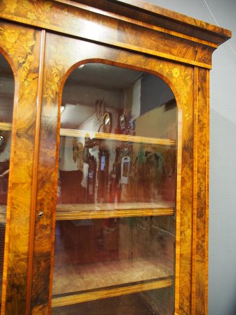 Antique Marquetry Inlaid Burr Walnut Cabinet Bookcase