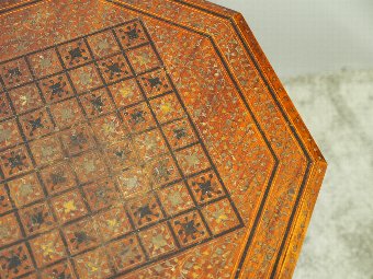 Antique Indian Brass Inlaid Teak Games Table
