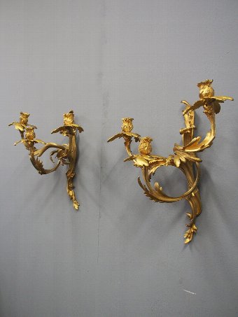Antique Pair of Louis XV Style Cast Brass and Gilded Sconces