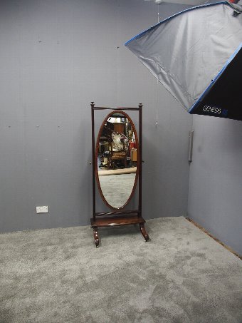 Antique Sheraton Style Inlaid Mahogany Cheval Mirror