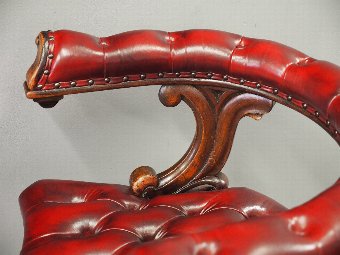 Antique Oak and Burgundy Leather Horseshoe Captains Chair