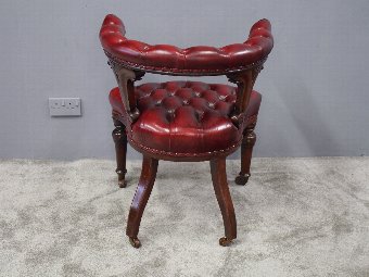 Antique Oak and Burgundy Leather Horseshoe Captains Chair