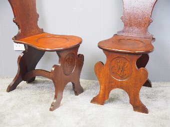 Antique Pair of Renaissance Sgabello Mahogany Hall Chairs