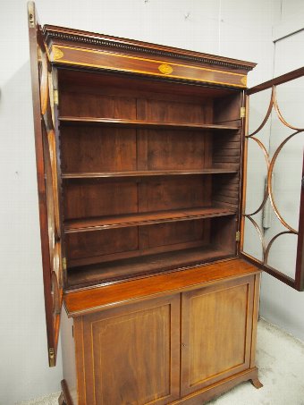 Antique George III Style Inlaid Mahogany Cabinet Bookcase