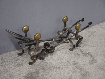Antique Set of Scottish Art Nouveau Steel and Brass Fire Irons