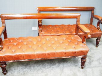 Antique Pair of William IV Mahogany and Tan Leather Hall Benches