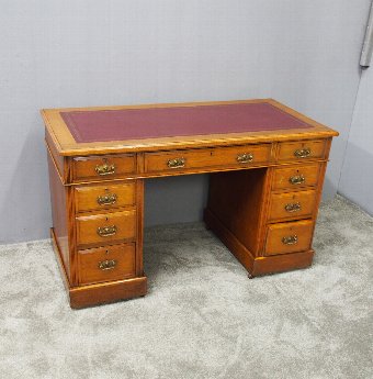  Late Victorian Oak Pedestal Desk with Burgundy Top