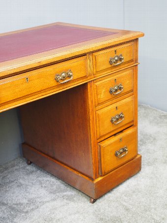 Antique  Late Victorian Oak Pedestal Desk with Burgundy Top