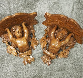 Pair of Italian Carved Limewood Cherub Wall Brackets