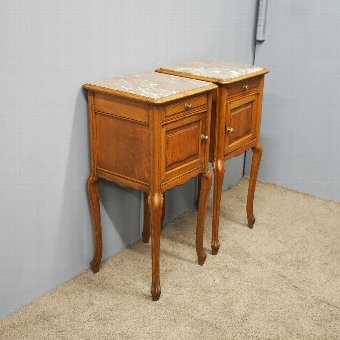Pair of Oak and Marble Top Bedside Cabinets