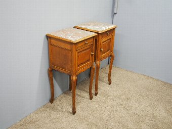 Antique Pair of Oak and Marble Top Bedside Cabinets