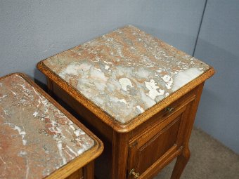Antique Pair of Oak and Marble Top Bedside Cabinets