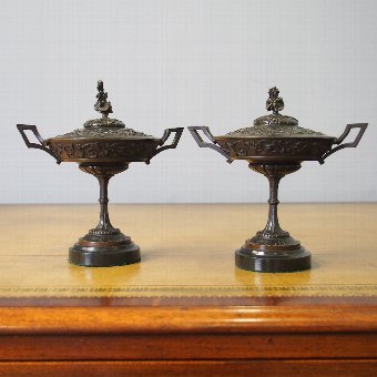 Pair of Cast Brass Lidded Tazzae or Urns