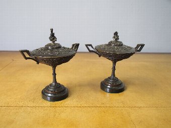 Antique Pair of Cast Brass Lidded Tazzae or Urns