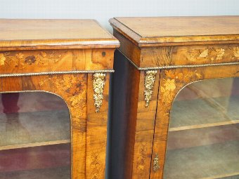 Antique Pair of 19th Century Marquetry Inlaid Walnut Pier Cabinets