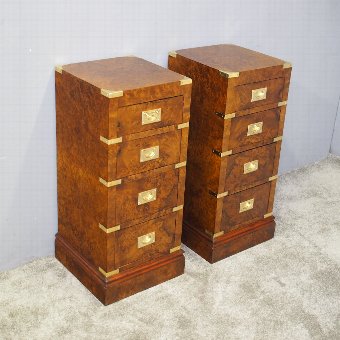 Pair of Campaign Style Burr Walnut Bedsides 