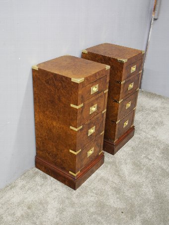 Antique Pair of Campaign Style Burr Walnut Bedsides 