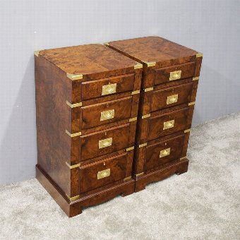 Pair of Burr Walnut Military Style Bedsides or Chest of Drawers