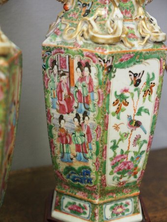 Antique  Pair of Canton Famille Rose and Verte Vases