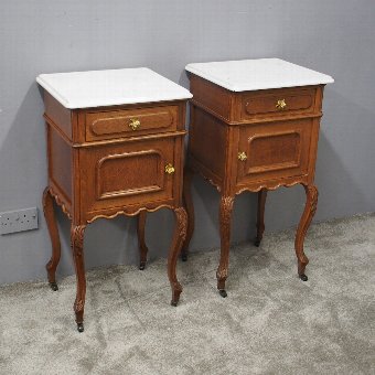Pair of French Marble Top and Oak Bedside Cabinets