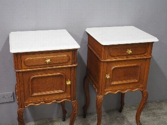 Antique Pair of French Marble Top and Oak Bedside Cabinets