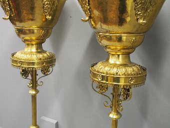 Antique Pair of Gothic Style Cast Brass Stands and Urns