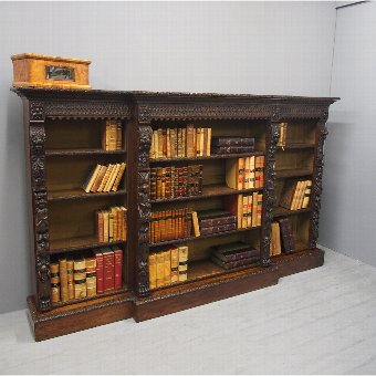 Flemish Carved Oak Breakfront Open Bookcase