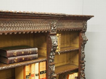 Antique Flemish Carved Oak Breakfront Open Bookcase