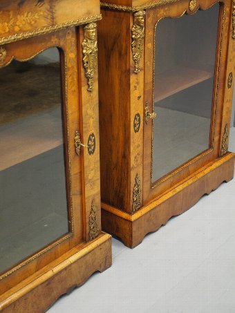Antique Pair of Victorian Walnut Marquetry Inlaid Pier Cabinets