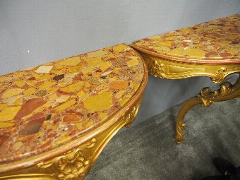 Antique Pair of Marble Top and Gilded Console Tables