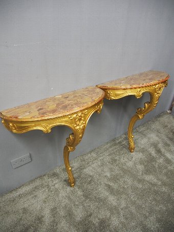 Antique Pair of Marble Top and Gilded Console Tables