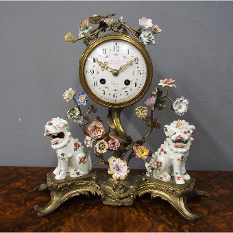 French Chinoiserie Brass and Porcelain Mantel Clock