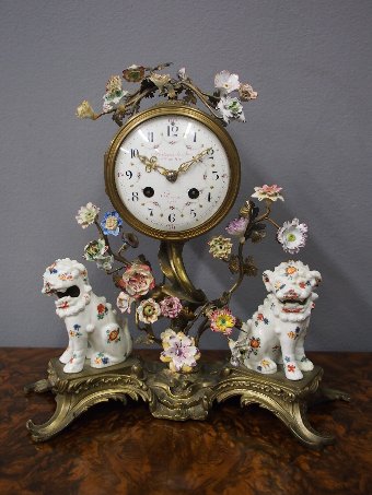Antique French Chinoiserie Brass and Porcelain Mantel Clock