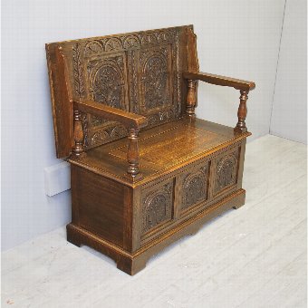 Jacobean Style Carved Oak Monks Bench