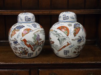 Antique Pair of White Porcelain Painted Ginger Jars