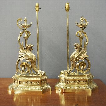 Pair of Cast Brass Griffin Lamps