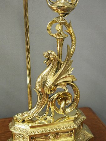 Antique Pair of Cast Brass Griffin Lamps