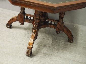 Antique Oak Leather Top Octagonal Table