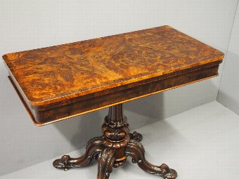 Antique Mid Victorian Burr Walnut Foldover Card Table