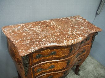 Antique French Kingwood and Tulipwood Marble Top Commode