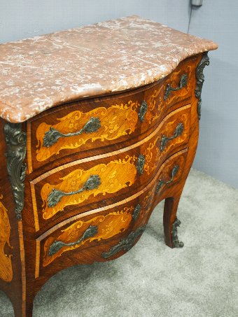 Antique French Kingwood and Tulipwood Marble Top Commode