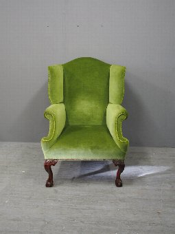 Antique George III Style Green Velvet Wing Chair